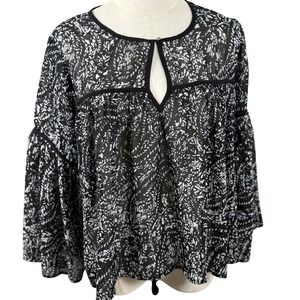 Lucky Brand M Babydoll Paisley Blouse Bell Sleeve Sheer Boho 70s Hippie Peasant